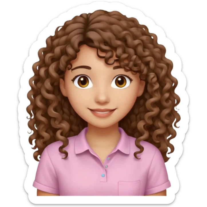 A Latina girl with brown eyes and long loose curly hair with curly bangs with a light pink shirt sticker