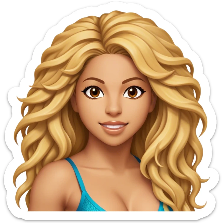 Cinematic Realistic Shakira Portrait Emoji, depicted as a dynamic charismatic pop icon with energetic movement and expressive features, rendered with vibrant textures and dynamic modern lighting that captures her global appeal. sticker