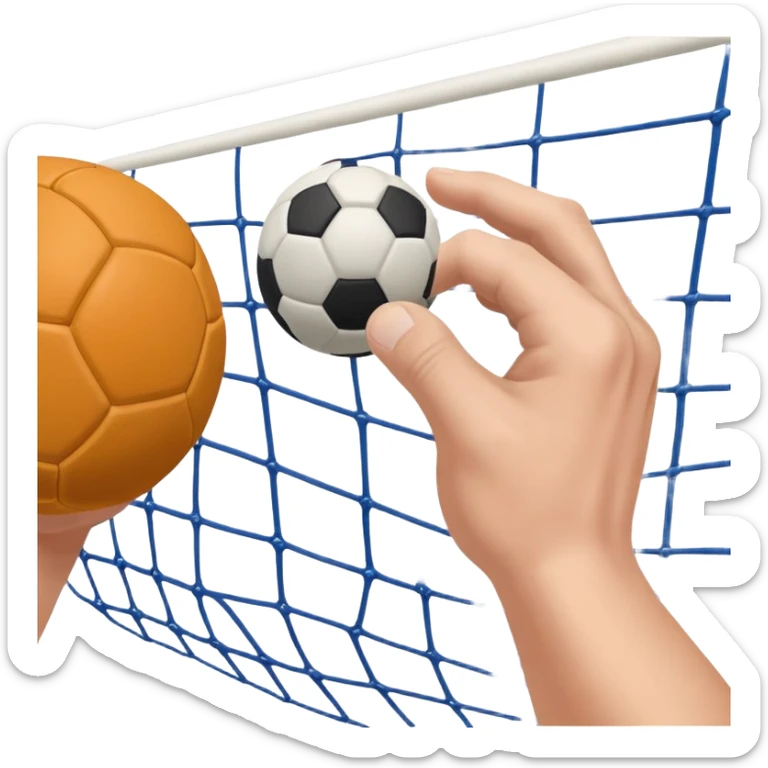 A close-up of a hand gripping a handball, with the handball gates visible in the background. The focus is on the texture of the ball and the strength of the grip, with the goal net slightly blurred to emphasize the anticipation of the throw. sticker