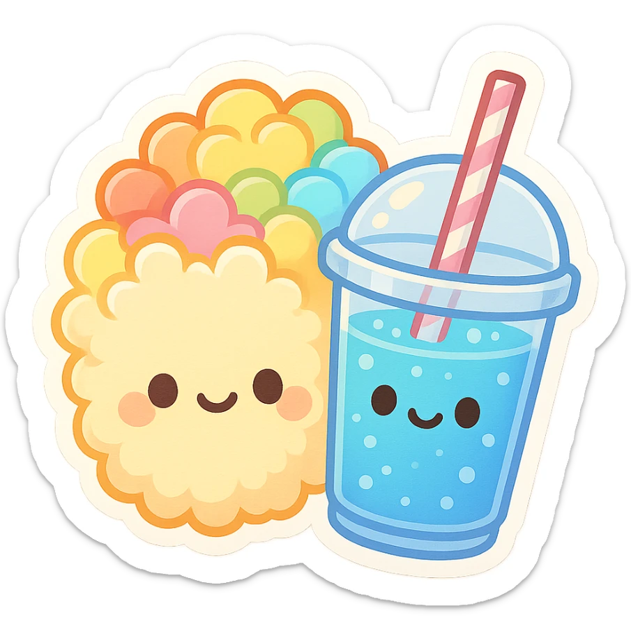 fluffy rainbow popcorn and blue dyed soda in the middle, vibrant, playful, suitable for emoji or sticker sticker