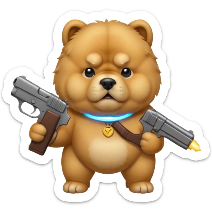 Funny cartoon-style chow chow dog with light fur standing on its hind legs and holding a gun menacingly sticker