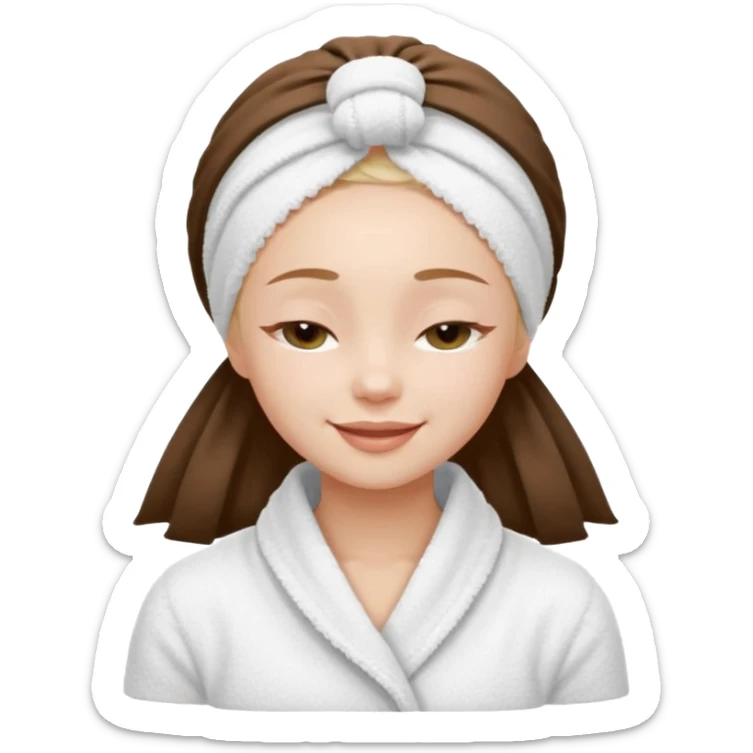 cute girl with her eyes closed and smiling, wearing a white spa towel as her clothes in she has a white spa towel on her head, white face skincare sticker