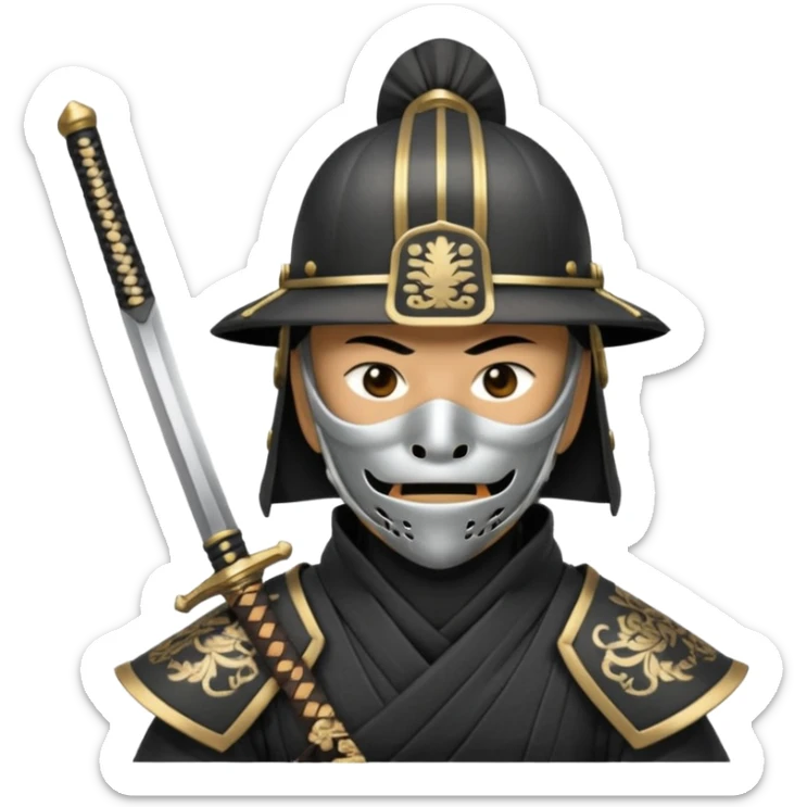 Samurai with helmet and a detailed mask covering their mouth and they are drawing out their sword sticker