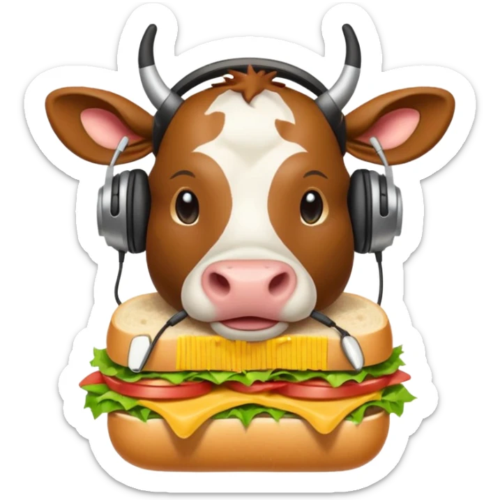 cartoon cow wearing headphones, munching a sub sandwich, apple emoji style sticker