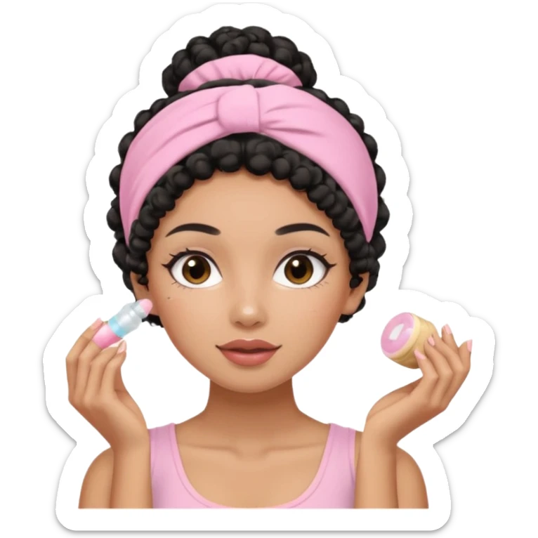 Mixed-race woman with caramel skin, black curly hair in a bun, wearing a pastel pink spa headband, massaging her face with a quartz roller sticker