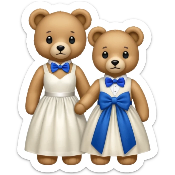 Teddy bear wearing white wedding dress holding the hand to another teddy bear wearing a big royal blue bow tie. The one with the white dress has no bows sticker