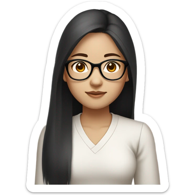 a medium skin tone korean girl with black straight long hair and clear round glasses sticker