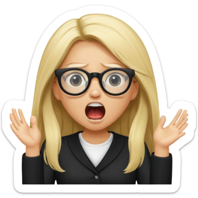 blonde girl with long hair, white glasses, black clothes, shouting bad words sticker