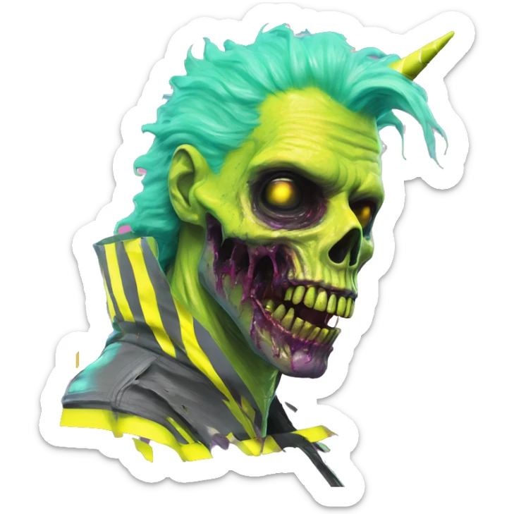 .Zombie_ Vaporwave black holographic oilslick zombie unicorn yellow caution tape sticker