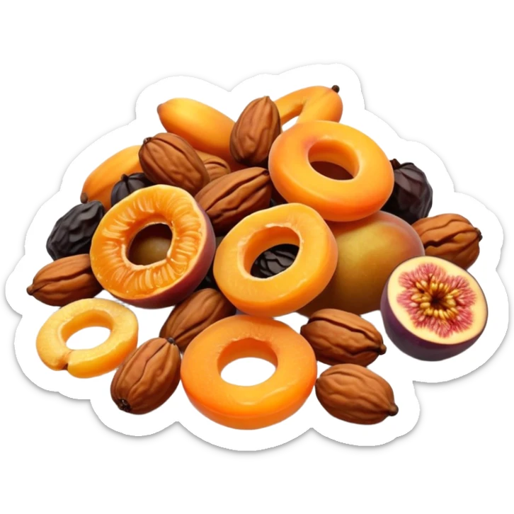 small pile of dried fruits including apricots, figs, dates, raisins, apple rings, grouped, realistic texture, warm amber and golden tones, soft shadows, 3D clean style, no tray, transparent background, optimized for emoji size sticker