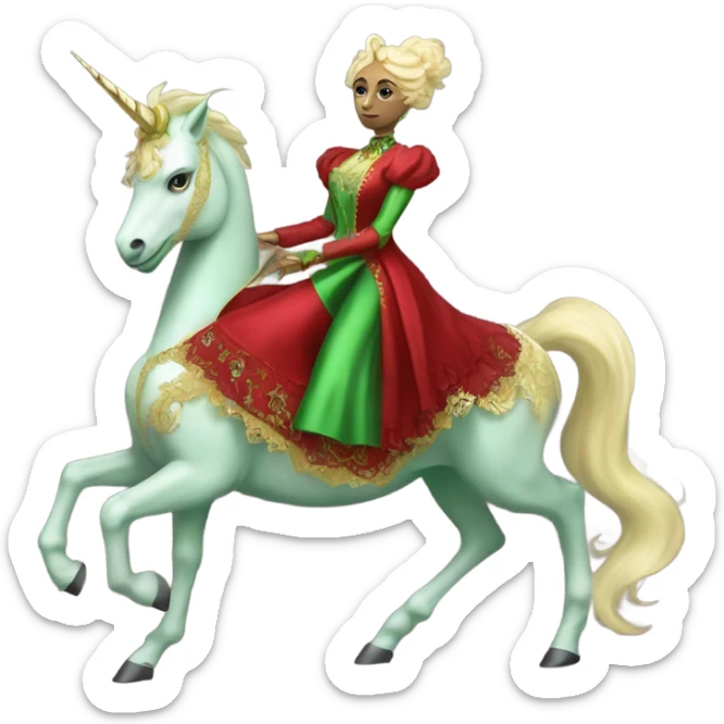 "galora green blonde alien woman" in red Victorian elegant dress, full body, rides unicorn gold and white
 sticker