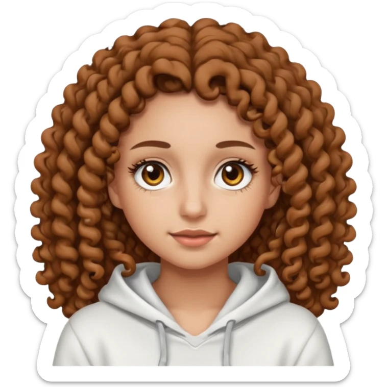 Una ragazza con una felpa semplice bianca,ha gli occhi marroni,i capelli marroni  , c’è gli ha lunghi e ricci molto ricci  ma non troppo e ha le ciglia stile emoji apple sticker