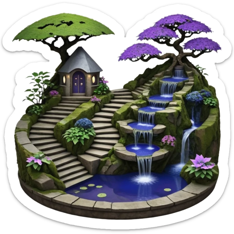 Alien saucer house jungle-vines precarious narrow stairway fountain koi pond mountainside -island getaway nighttime landscape antique mudman very old broken cracked intricate Stone Age lapis-crusted irregular dodecagon-shaped shallow dark moss rough bark violet serissa flowered maple tree bonsai sticker
