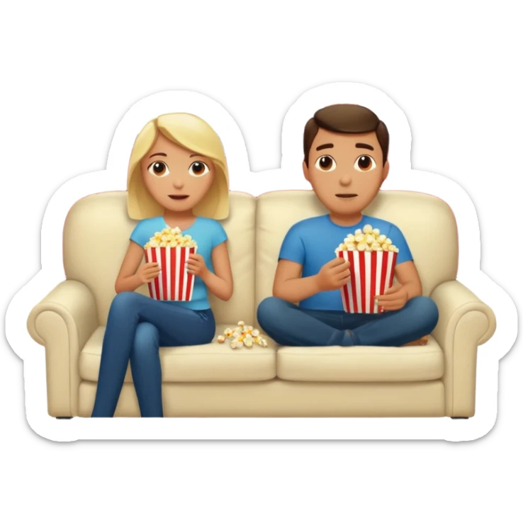 Crea un emoji dove si vedono un uomo e una donna mangiano i pop corn su un divano e guardano la televisione, nella televisione ci deve essere scritto netflix sticker