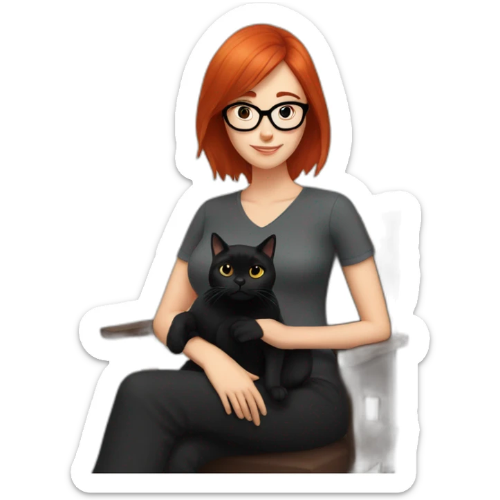 woman with straight red hair and black-rimmed glasses, with a black cat on her lap sticker