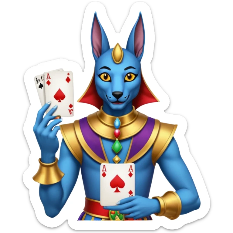 crazy colorful anubi jolly joker from poker, medieval, vintage, court jester, mac os icon, blue color, holds a single poker card on the right paw sticker