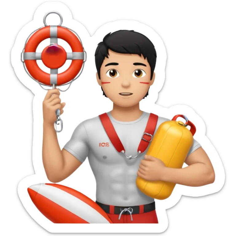 Muscular lifeguard teen boy with rescue buoy and whistle messy black hair sticker