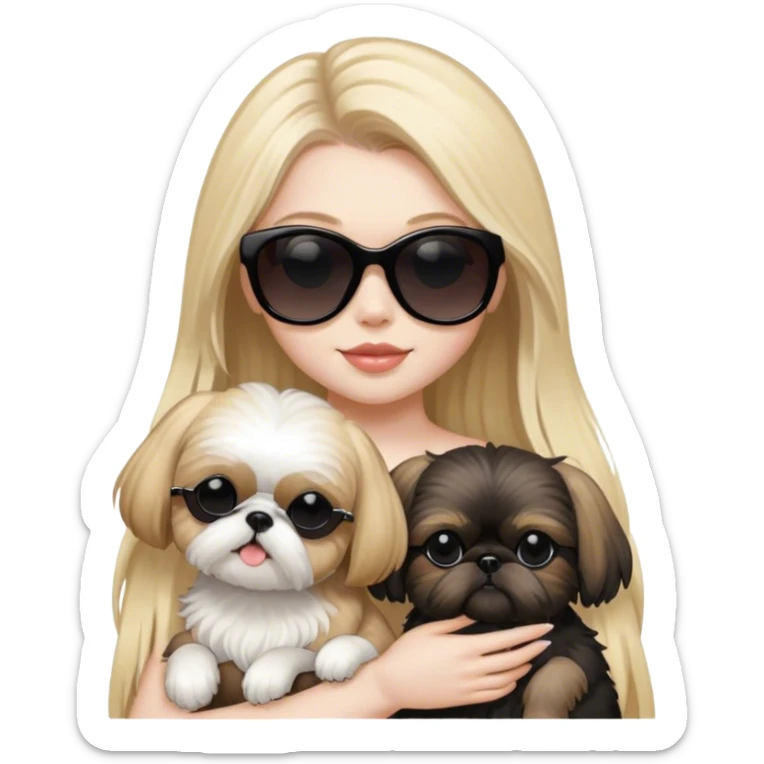 Blonde girl with long hair and pale skin and black sunglasses holding 1 tan Shih Tzu and 1 black Shih Tzu sticker