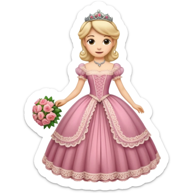 An emoji portrait of a Victorian princess. She is wearing an elaborate crinoline ball gown with intricate lace trim and ribbons. She wears a tiara on her head, and her expression is poised and proper. She is holding a small bouquet of flowers. sticker