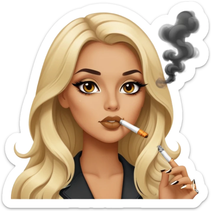 blonde gorgeous girl long hair with latina makeup smoking a cigarette and blowing smoke baddie winged eyeliner  sticker