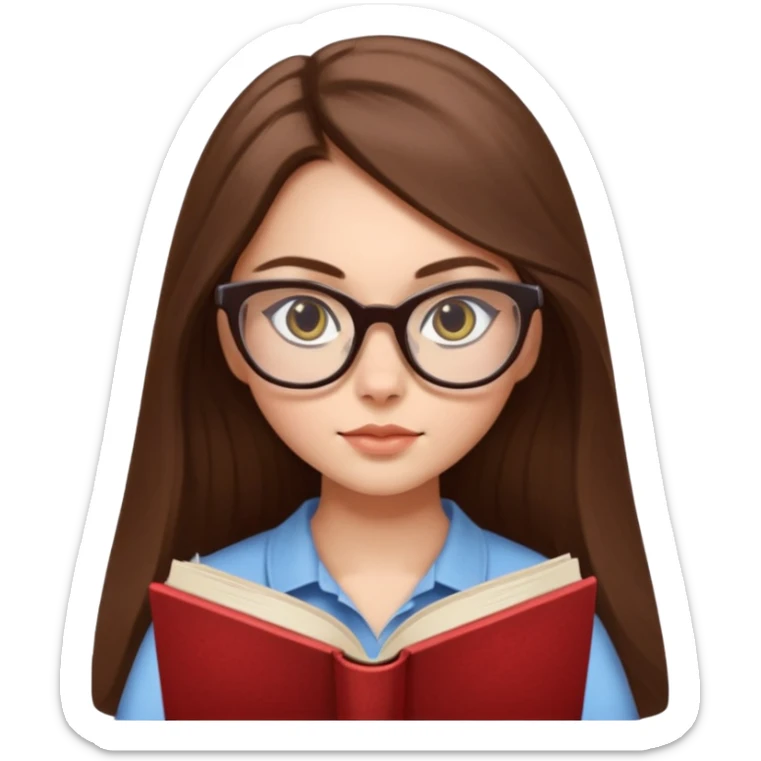 clean beautiful girl long brown hair, wear glasses cat eye, reading a book sticker