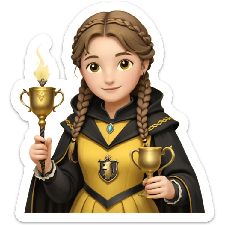 Helga Hufflepuff,the Hogwarts founder of Hufflepuff,brown-haired,2braids,yellow-black medieval dress with black cloak decorated with gold braiding,flickering magic wand and tiny two-handled shiny gold cup engraved with the badger silhouette,very kind smile,curvy busty sweet sticker
