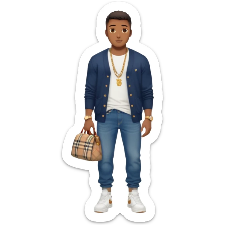 Handsome Black guy with brown skin tone, with muscular build, wearing long baggy dark denim jeans, a white t-shirt, a Burberry cardigan, white Nike sneakers, a gold watch, and a dainty chain sticker