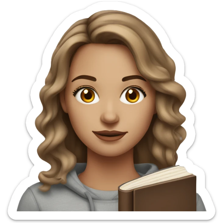 a white woman with makeup and long brown wavy hair with highlights. wearing a grey sweatshirt and holding books sticker