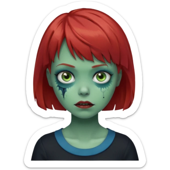 Zombie girl emoji with short red hair and bangs. Blue eyes, green skin, and a black top Her hair is slightly wavy sticker