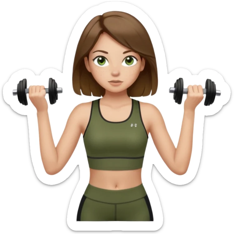 Girl with green eyes, brown hair shoulder length, light skin, and freckles wearing an olive green crop top with black leggings working out, she has light gorgeous lashes sticker
