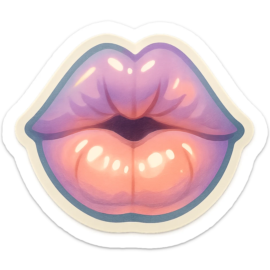 lips kissing the screen as if kissing the viewer, retro stickers style, thin clean contours, soft rounded shapes, pastel palette #98B5BC, #B5B3C1, #C9A3C9, #E4C0CA, #F7DCD1, #F7C0AA, detailed shadows and highlights, soft lighting, transparent background, no decorative elements sticker