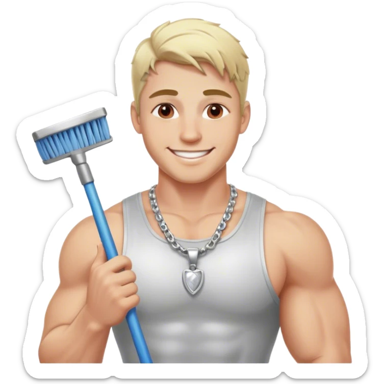 smiling muscular 28 year old man with silver jewelry, blonde hair with a touch of red in it cleaning sticker