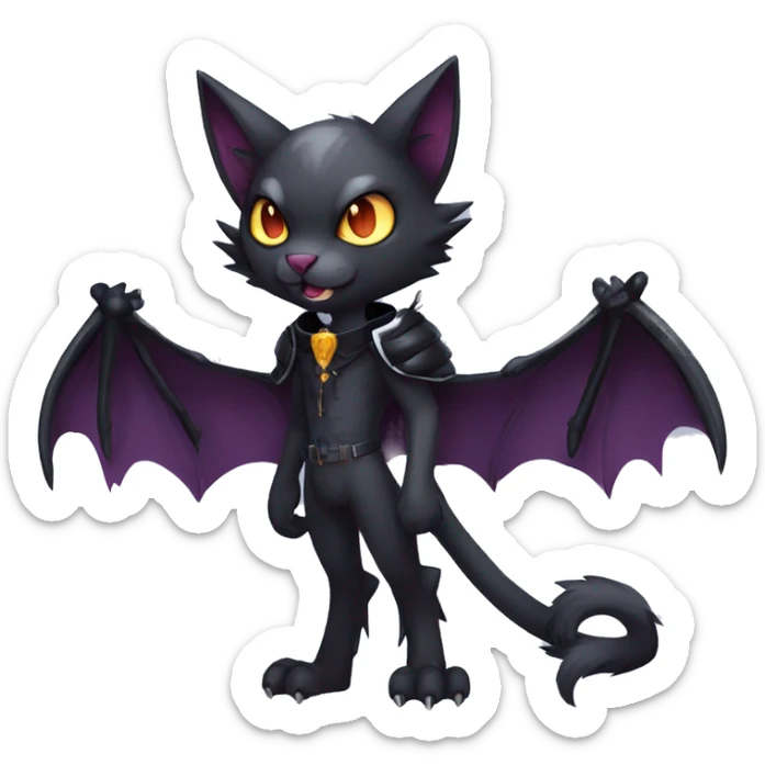  cool edgy anthro dark-themed animal vampiric cat-hybrid Fakemon with fangs and bat-wing-ears with a collar full body sticker