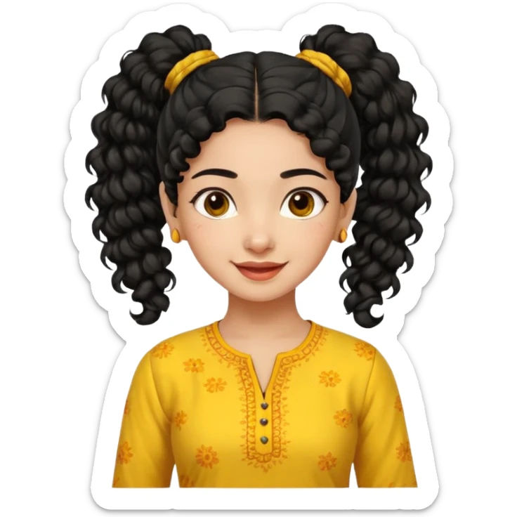 fair Indian girl, black curly hair in ponytail, yellow kurti, cheerful expression sticker