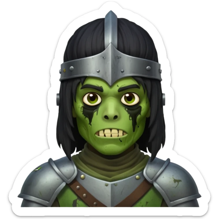 A black male with long black rough hair wearing a knight helmet with green zombie skin sticker