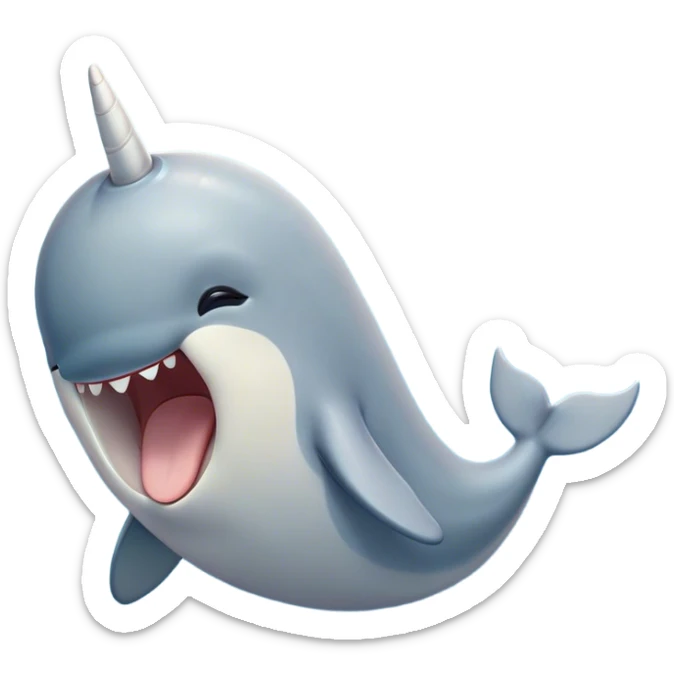 Cinematic Cute Yawning Narwhal Portrait Emoji, Head tilted slightly with a dramatic, wide-open yawn, showcasing a sleek, graceful form and a subtly curved tusk, sleepy eyes half-closed in drowsy contentment, Simplified yet irresistibly adorable features, highly detailed, glowing with a soft, cozy oceanic glow, high shine, relaxed yet expressive, stylized with a touch of whimsical charm, bright and endearing, soft glowing outline, capturing the essence of a drowsy yet affectionate sea guardian that seems ready to drift out of the screen for a nap! sticker