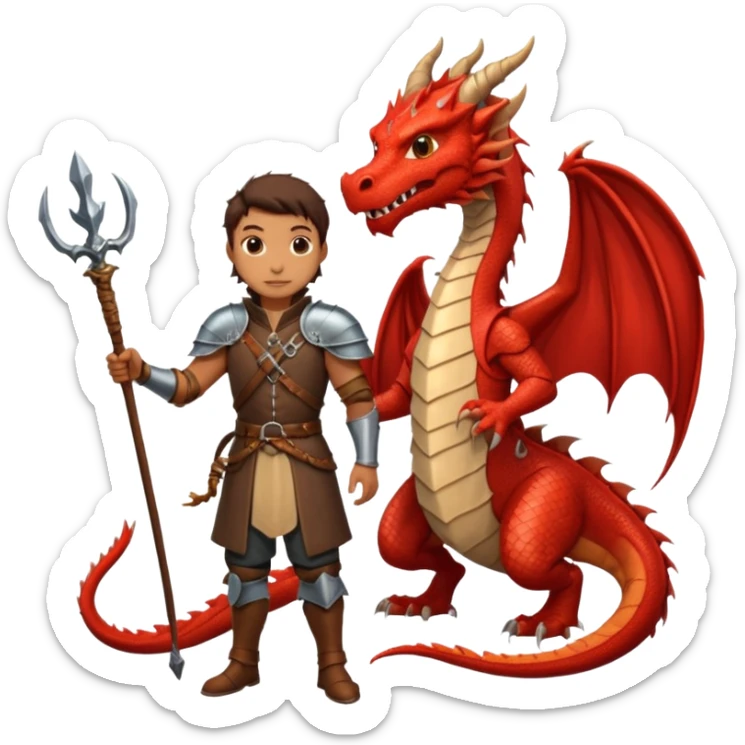 a dragon tamer with a whip in his hand in medieval time with a dragon next to him sticker
