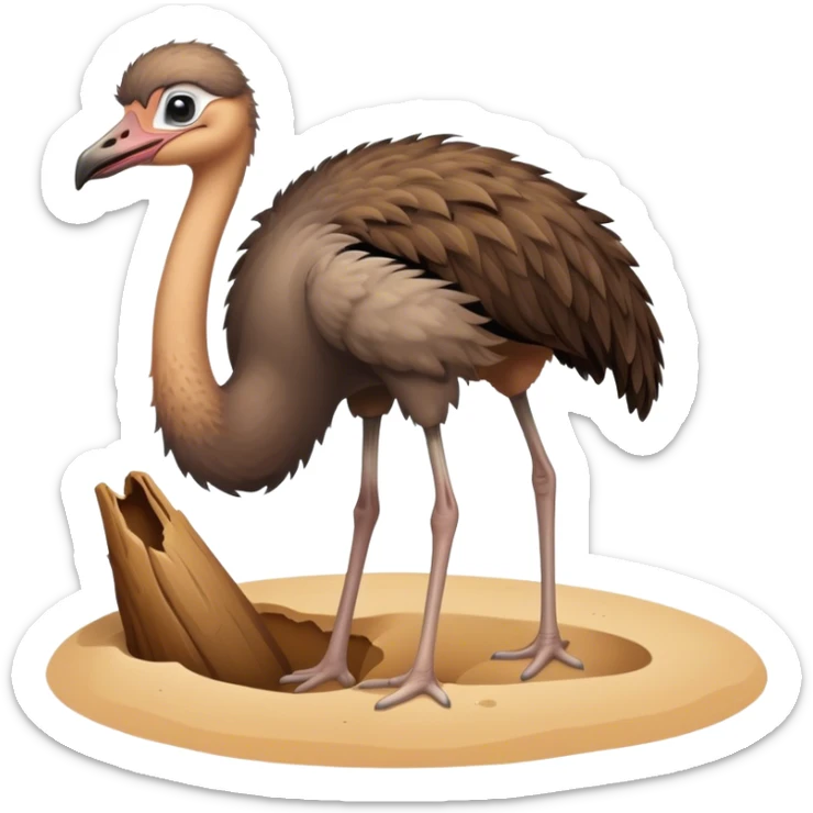 An ostrich standing next to a hole, with their neck bent and their head in the hole in the sand. Illustrating the idiom, to stick your head in the sand.  sticker