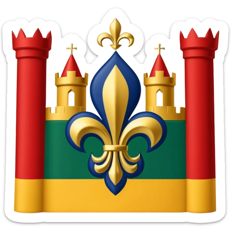 Louisiana Creole flag in 4 boxes: gold fleur-de-lis on deep blue/black; green, yellow, red stripes in upper right and lower left with green star in upper right; yellow castle on red in lower right. Flat vector, clean, high contrast, clear at small size. sticker