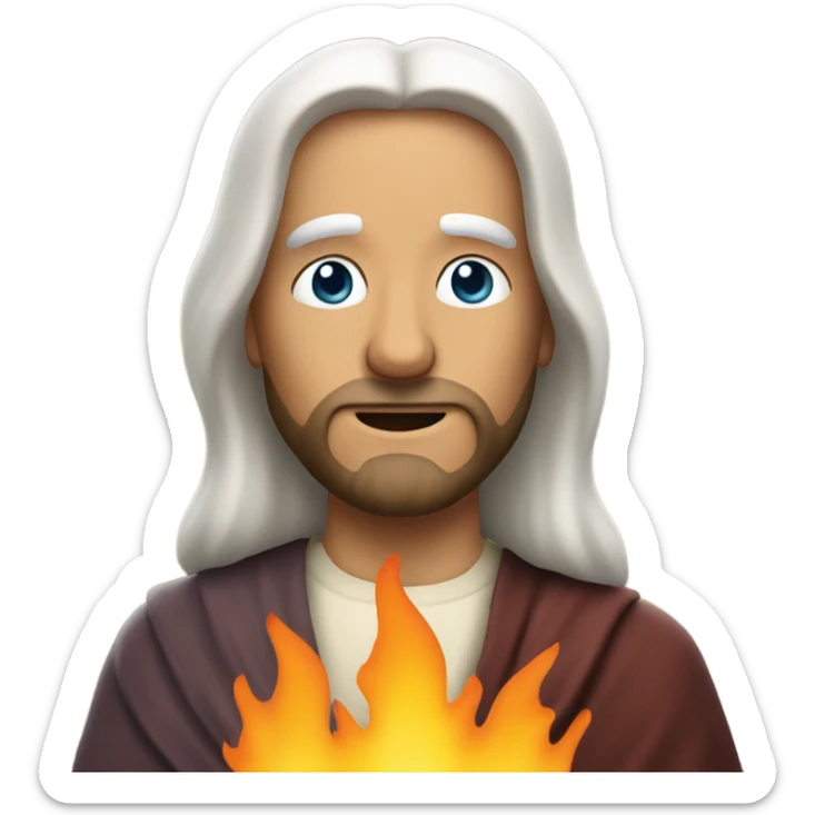 Jesus with flames coming out of his eyes and white hair sticker