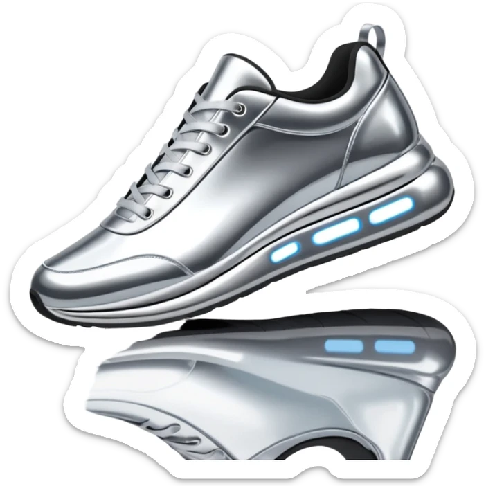 A pair of futuristic sneakers emoji made of silver chrome, sleek streetwear design, smooth metallic panels, subtle reflections, luxury swag aesthetic, iOS emoji style, centered, clean white background sticker