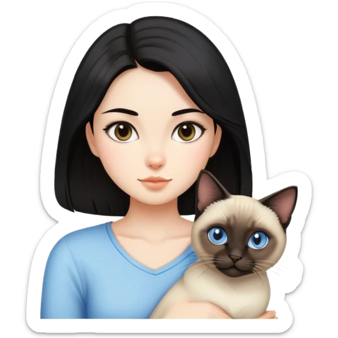 Brunette girl with black hair with a Siamese cat sticker