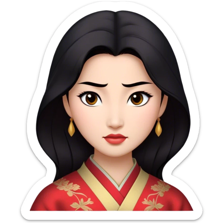 Cinematic Realistic Mulan Portrait, depicted with lifelike skin texture, soft natural lighting, and intricately detailed long black hair styled elegantly. Her deep, expressive eyes exude determination and grace, complemented by a serene yet confident expression. She is dressed in her classic attire, with rich fabric textures and delicate folds that catch the light beautifully. The portrait features a soft, enchanting glow with a natural, radiant finish, capturing the essence of timeless strength and beauty in a realistic and painterly style, evoking a sense of depth and authenticity. sticker