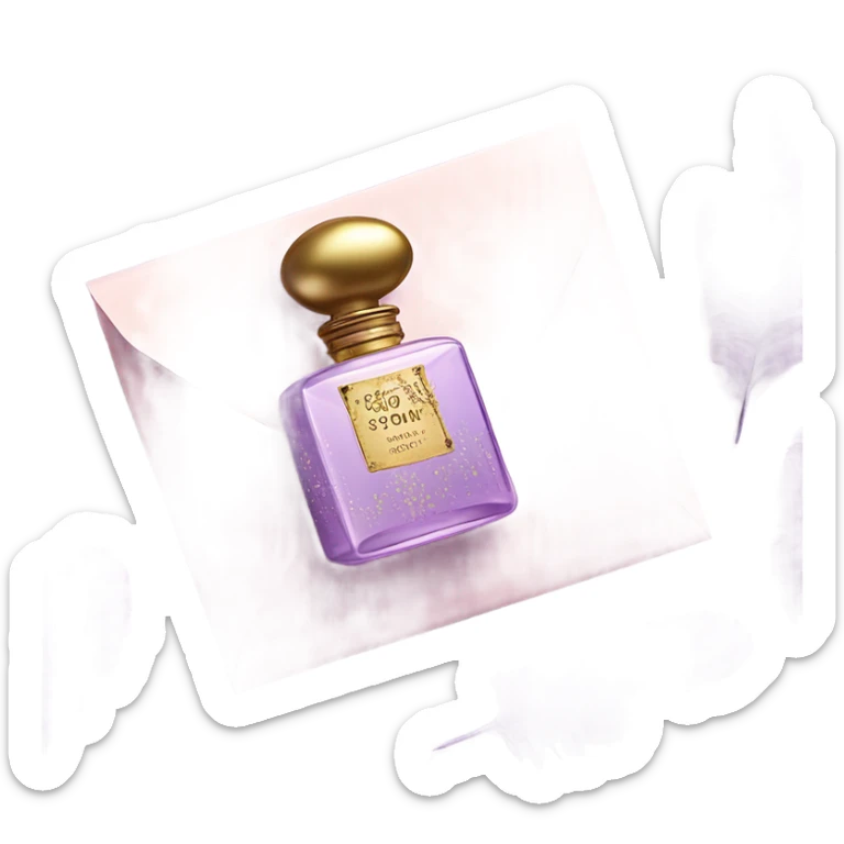 Aesthetic still life of soft violet mimosa flowers, a vintage-style pink perfume bottle, and a lavender love note delicately placed in an envelope.
 sticker