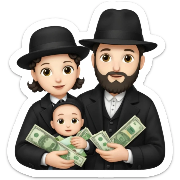 Jewish rabbi wearing traditional religious apparel with two side hair curls holding money and baby sticker