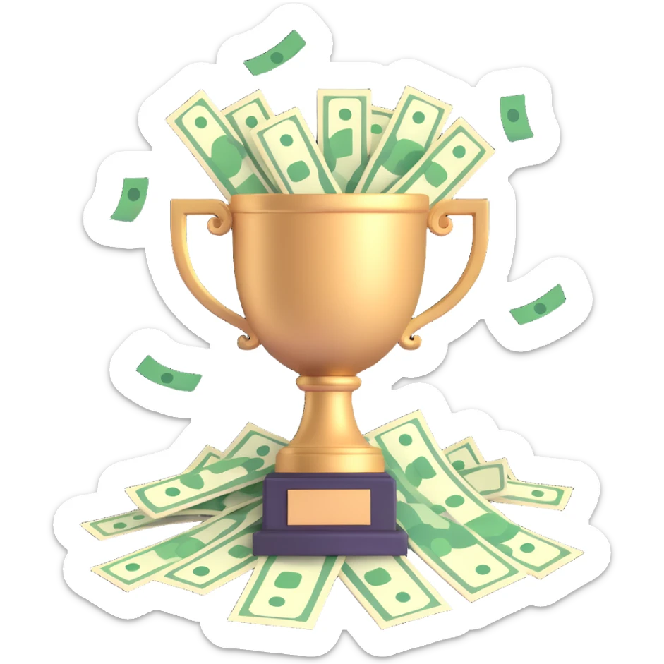 highly-detailed, realistic 3D icon of a large trophy overflowing with cash and dollar bills, bright lighting, transparent background sticker