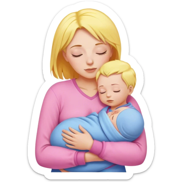 A mother with yellow hair and pink clothes holds a sleeping baby in blue clothes sticker