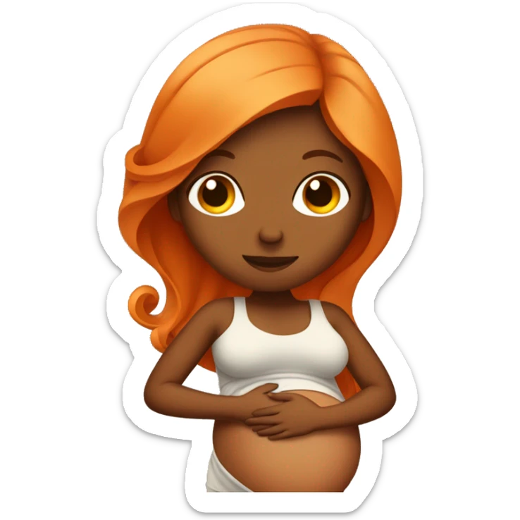 Tan girl with long orange hair holding pregnant stomach sticker