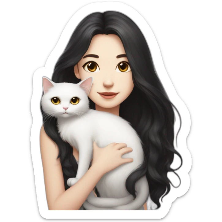 A girl with long dark hair and on her left shoulder and neck lies a white fluffy cat with different eyes sticker