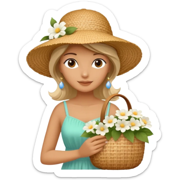summer beautiful wicker hat, beach beige bag and bouquet of white flowers sticker
